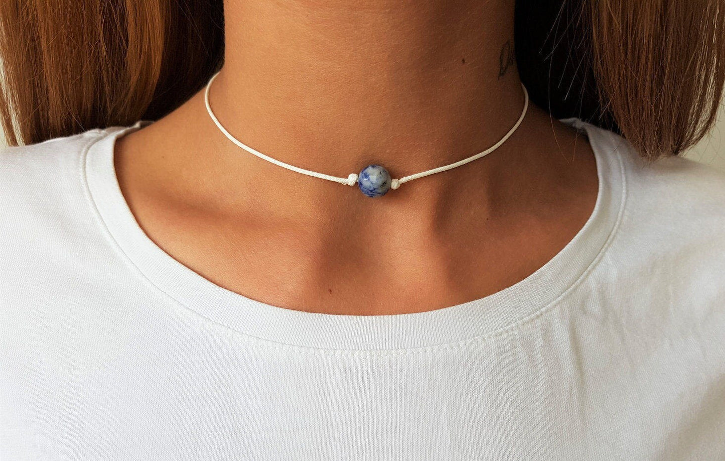 Sodalite Choker, Gemstone Choker, Choker Necklace, Boho Choker, Bohemian Choker, Single Bead Choker, Thin White Choker, Blue Bead Choker