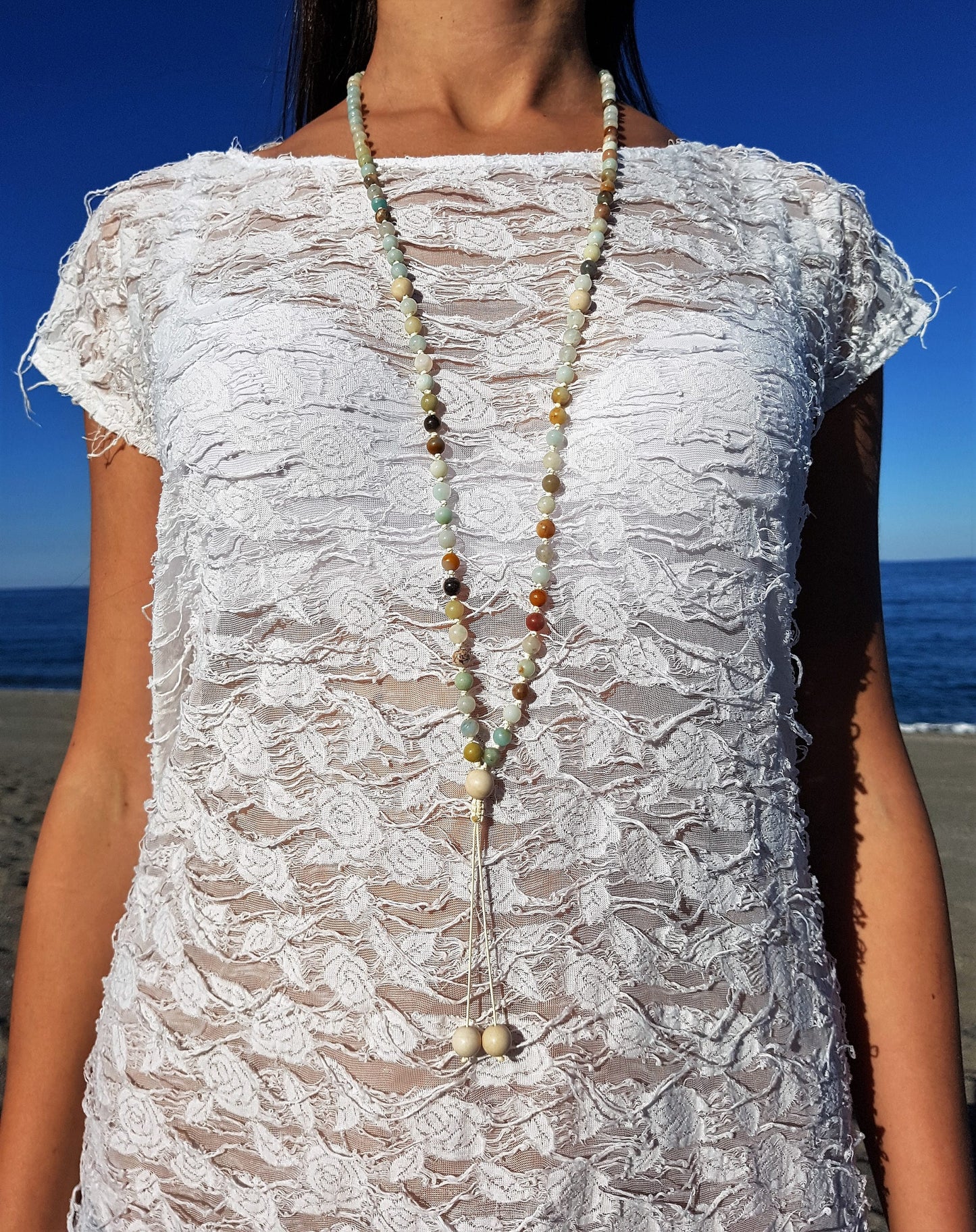 Amazonite Mala, Fossil Mala, 108 Mala, 108 Mala Bracelet, Beige Mala Beads, 108 Mala Beads, 108 Prayer Beads, Boho Necklace, Knotted Mala