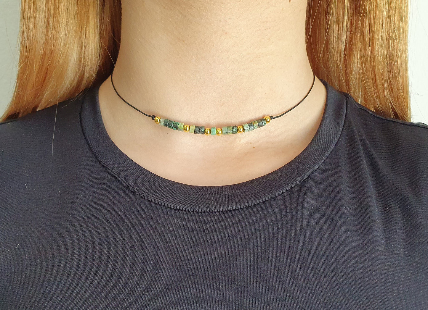 African Turquoise, Turquoise Necklace, Choker Necklace, Gold Bead Choker, Bridesmaid Necklace, Girlfriend Gift, Minimalist Choker