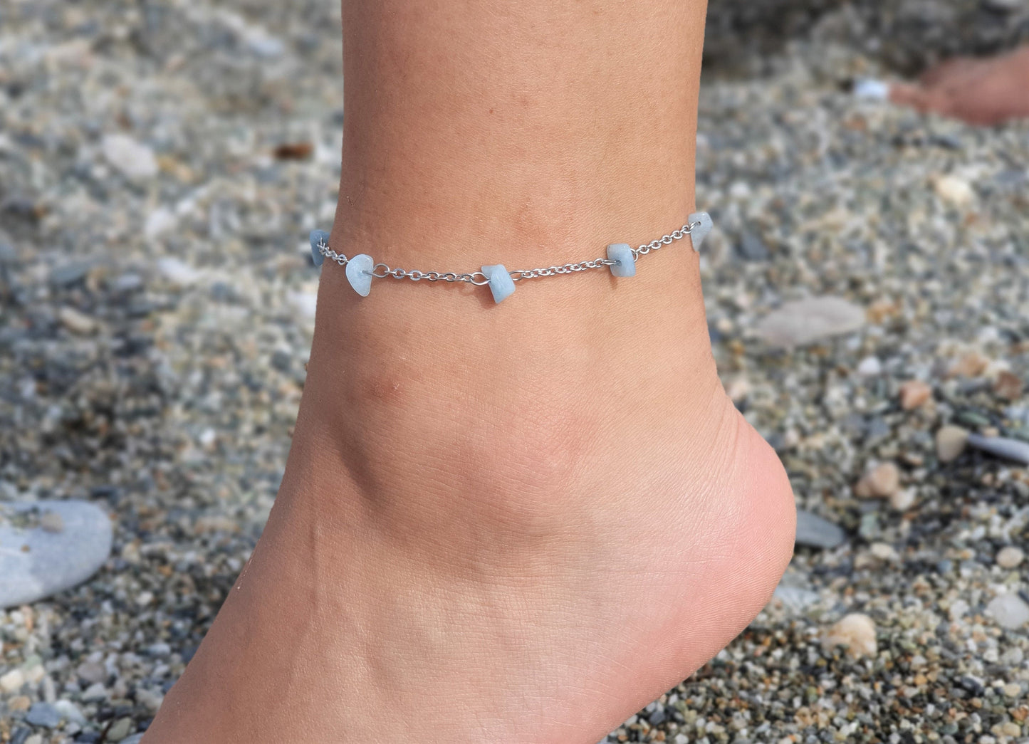 Aquamarine Anklet, Silver Anklet, Crystal Anklet, Gemstone Anklet, Ankle Bracelet, Boho Anklet, Beach Anklet, Summer Anklet, Chips Anklet