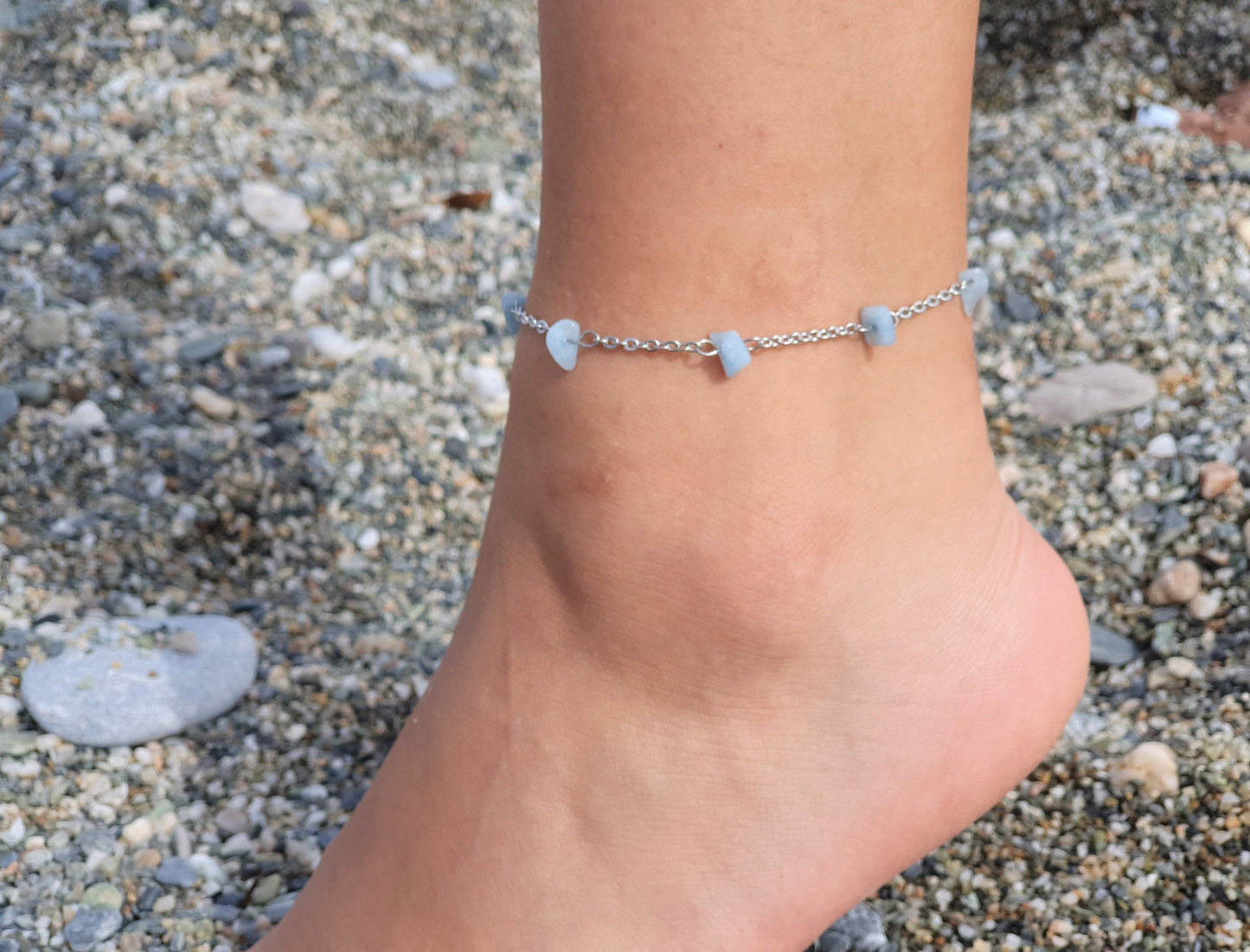 Aquamarine Anklet, Silver Anklet, Crystal Anklet, Gemstone Anklet, Ankle Bracelet, Boho Anklet, Beach Anklet, Summer Anklet, Chips Anklet