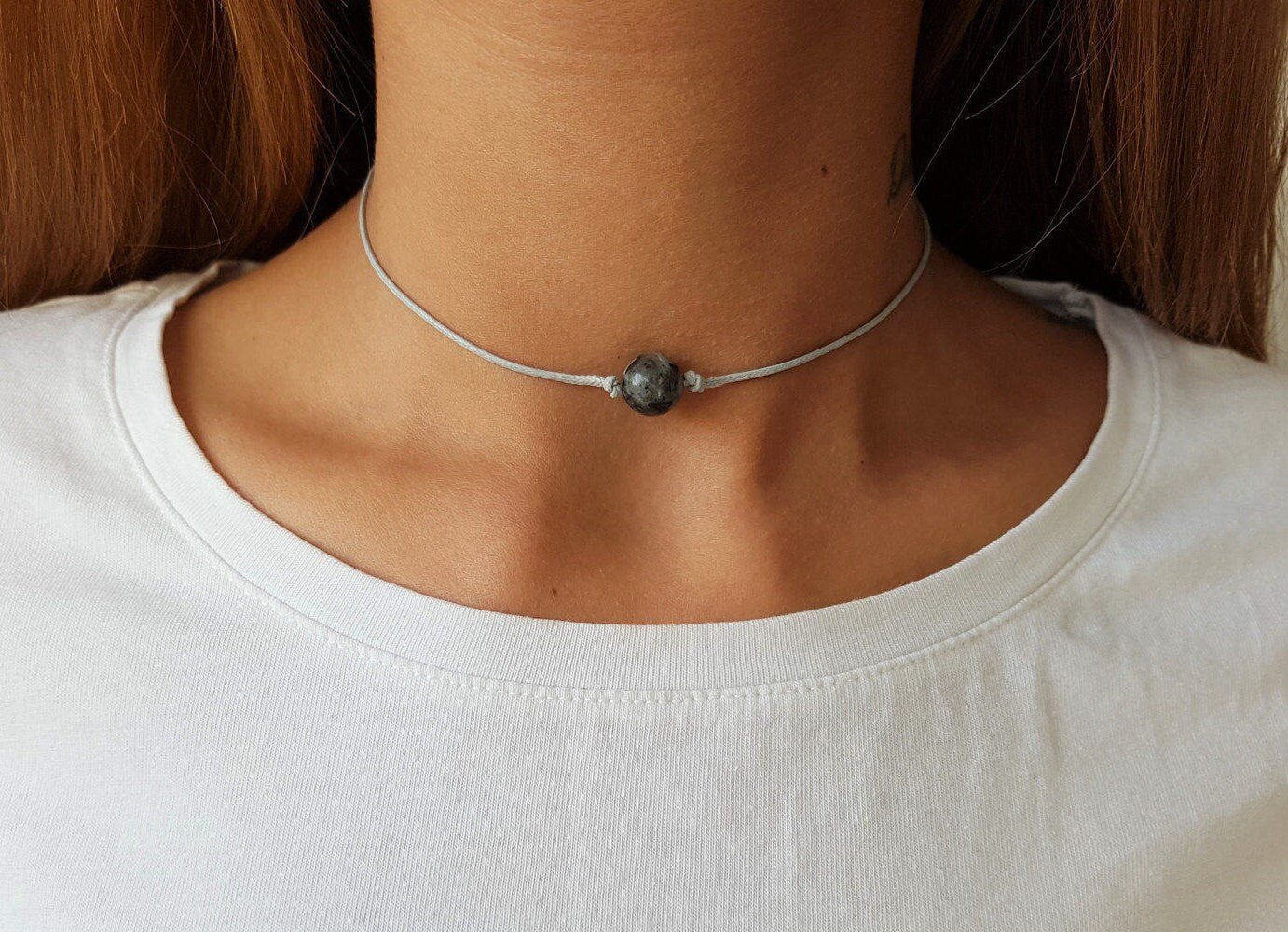 Labradorite Choker, Gemstone Choker, Choker Necklace, Boho Choker, Bohemian Choker, Single Bead Choker, Thin Gray Choker, Gray Bead Choker