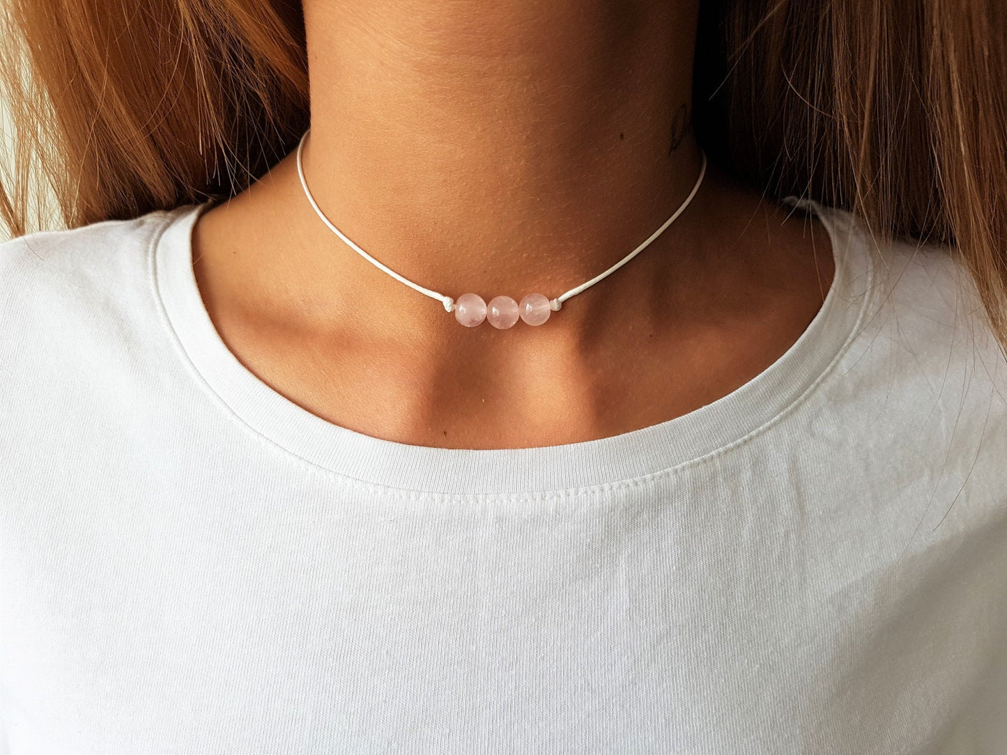 Rose Quartz Choker, Quartz Choker, Gemstone Choker, Boho Choker, Bohemian Choker, Thin White Choker, Pink Bead Choker, Cute Choker, White