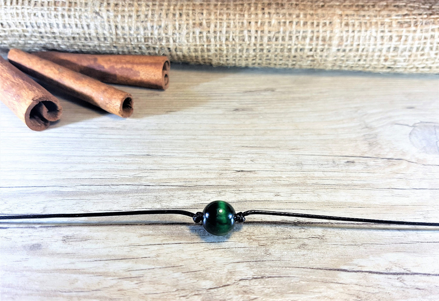 Green Tigers Eye, Tigers Eye Choker, Gemstone Choker, Choker Necklace, Boho Choker, Bohemian Choker, Single Bead Choker, Thin Black Choker