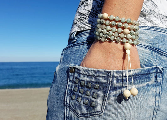 Kiwi Jasper Mala, Fossil Mala, 108 Mala, 108 Mala Bracelet, Beige Mala Beads, 108 Mala Beads, 108 Prayer Beads, Boho Necklace, Knotted Mala