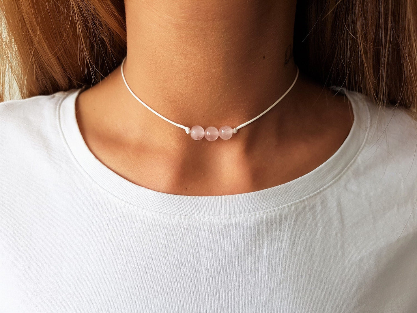 Rose Quartz Choker, Quartz Choker, Gemstone Choker, Boho Choker, Bohemian Choker, Thin White Choker, Pink Bead Choker, Cute Choker, White